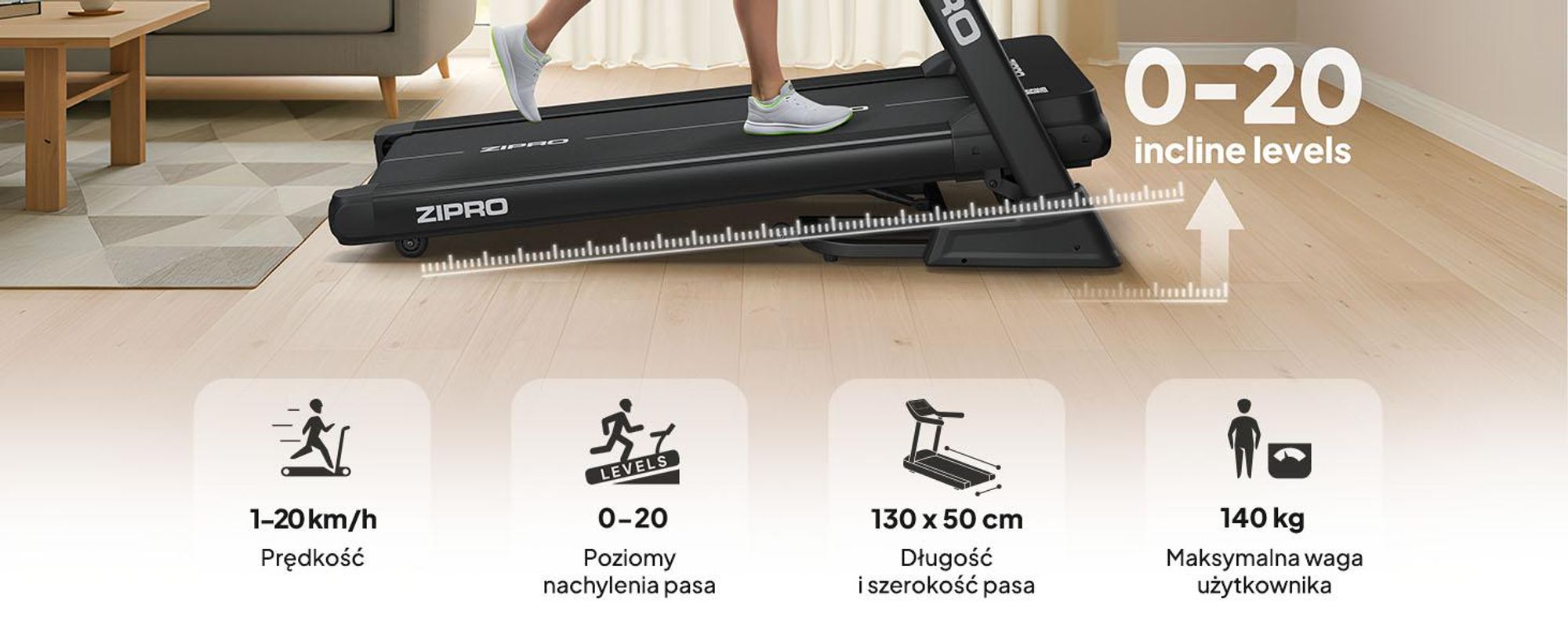 Bieżnia elektryczna ZIPRO Sigma | Treningowa bieżnia do domu | Pas Biegowy z Systemem Amortyzacji VibGuard Pro | Trening Bieganie | 20 km/h Składana