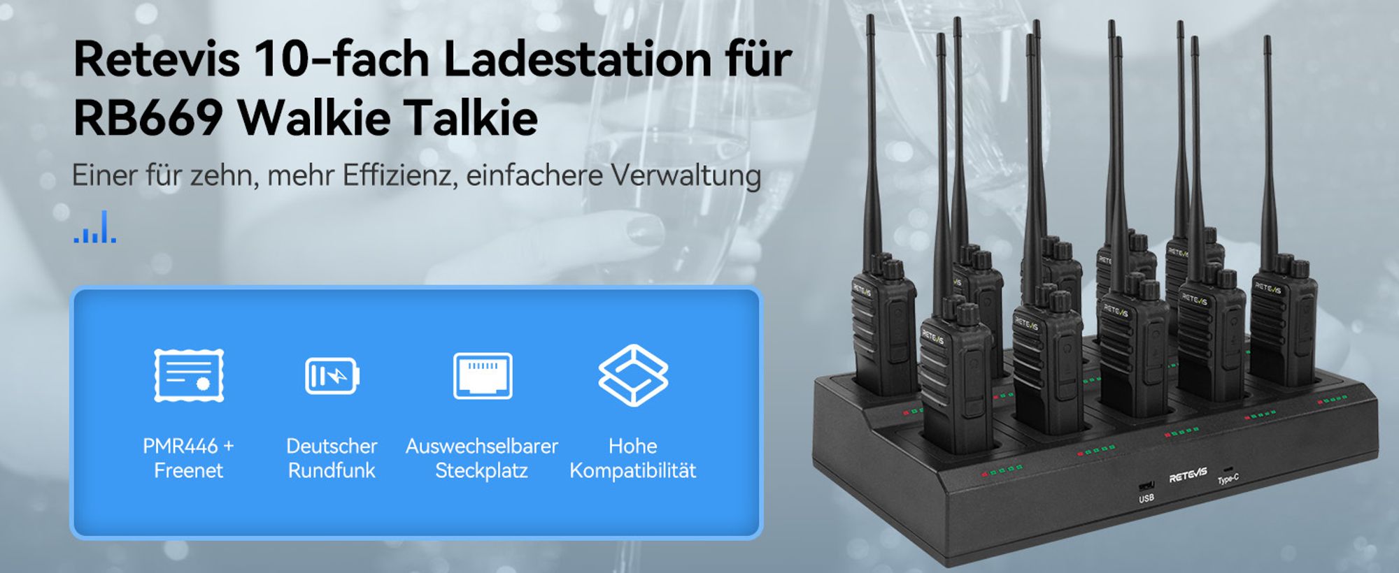 Retevis RB669 Funkgerät, Freenet PMR446 Walkie Talkie mit Headset, 10-in-1 Ladegerät, VOX, Effizientes Laden, Funkgeräte für Firmenfeier, Eventplanung