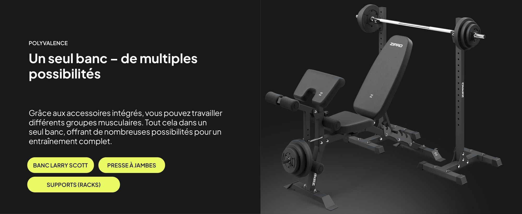 Ensemble banc de musculation Zipro Superset – Avec support pour haltères indépendant, pupitre à biceps et appareil d'entraînement pour les jambes inclus Banc inclinable et banc négatif réglables Capacité de charge jusqu'à 270 kg