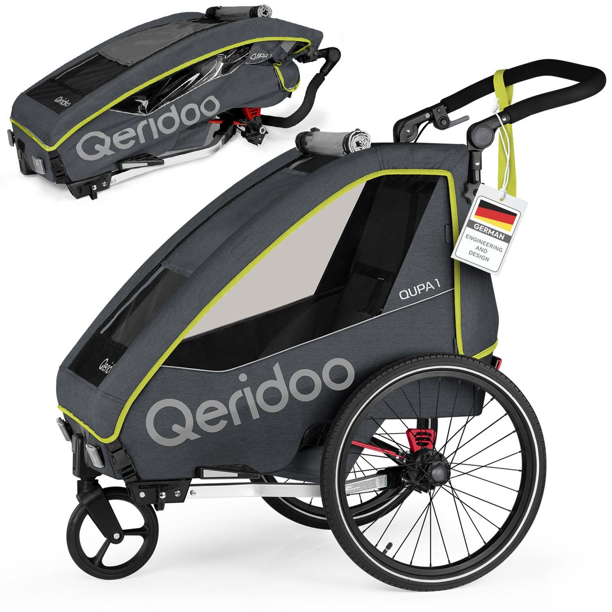 Qeridoo QUPA 1 - Kinderfahrradanhänger für 1 Kind, Farbe: Lime
