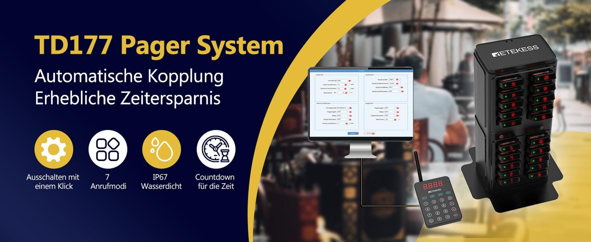 Retekess TD177 Restaurant Pager System, 500m Kundenrufsystem, 20 Pagers, 7 Rufmodi, EIN-Tasten-Kopplung, Außer-Reichweite-Alarm, für Cafe, Kneipen