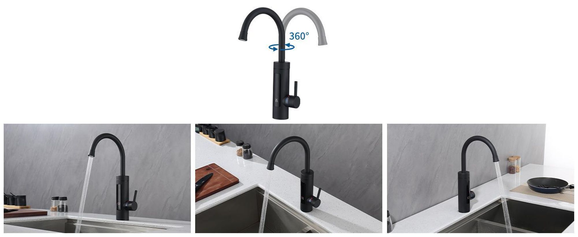 Homelody Elektrische Küchenarmatur mit Durchlauferhitzer, Smart Heater Wasserhahn 360° drehbar, Schwarz Wasserhahn Küche mit LED Temperaturanzeige