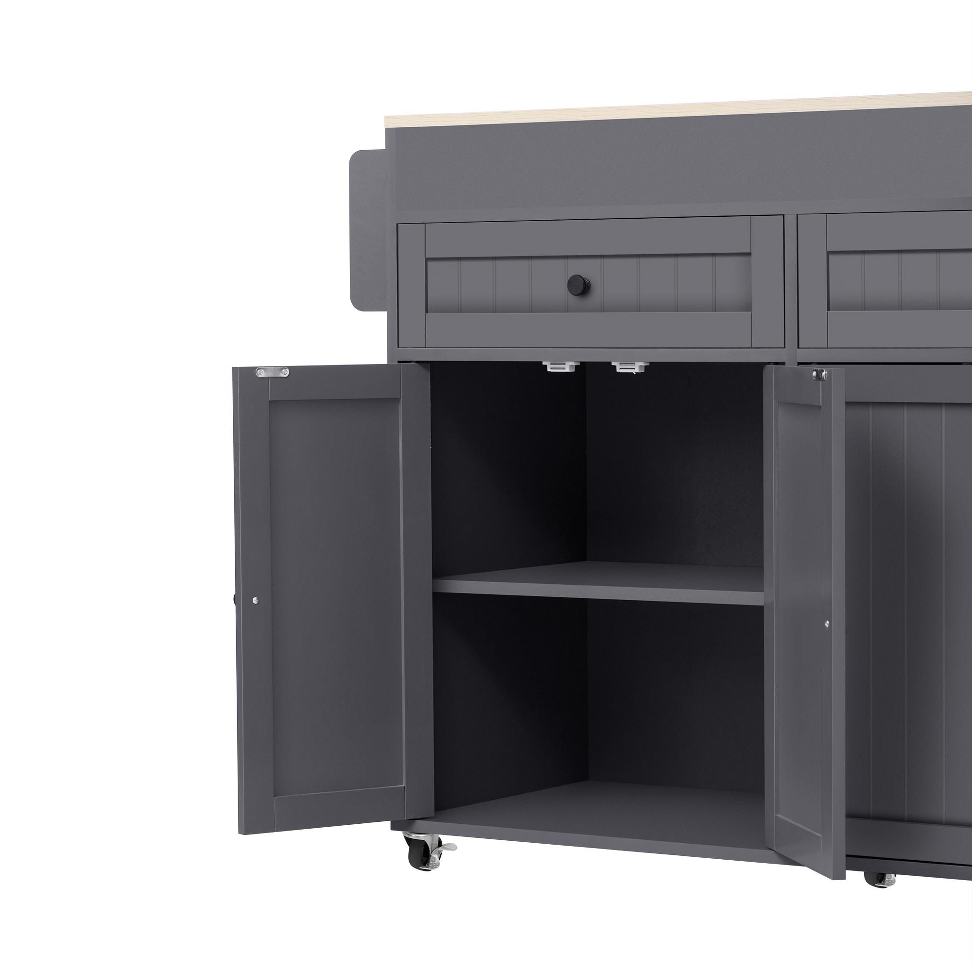 Flieks Servierwagen Kücheninsel mit ausziehbarem Esstisch, Speisewagen mit Schubladen, Staufach und Gewürzregal,  112-180.5x45x92.2 cm, Grau