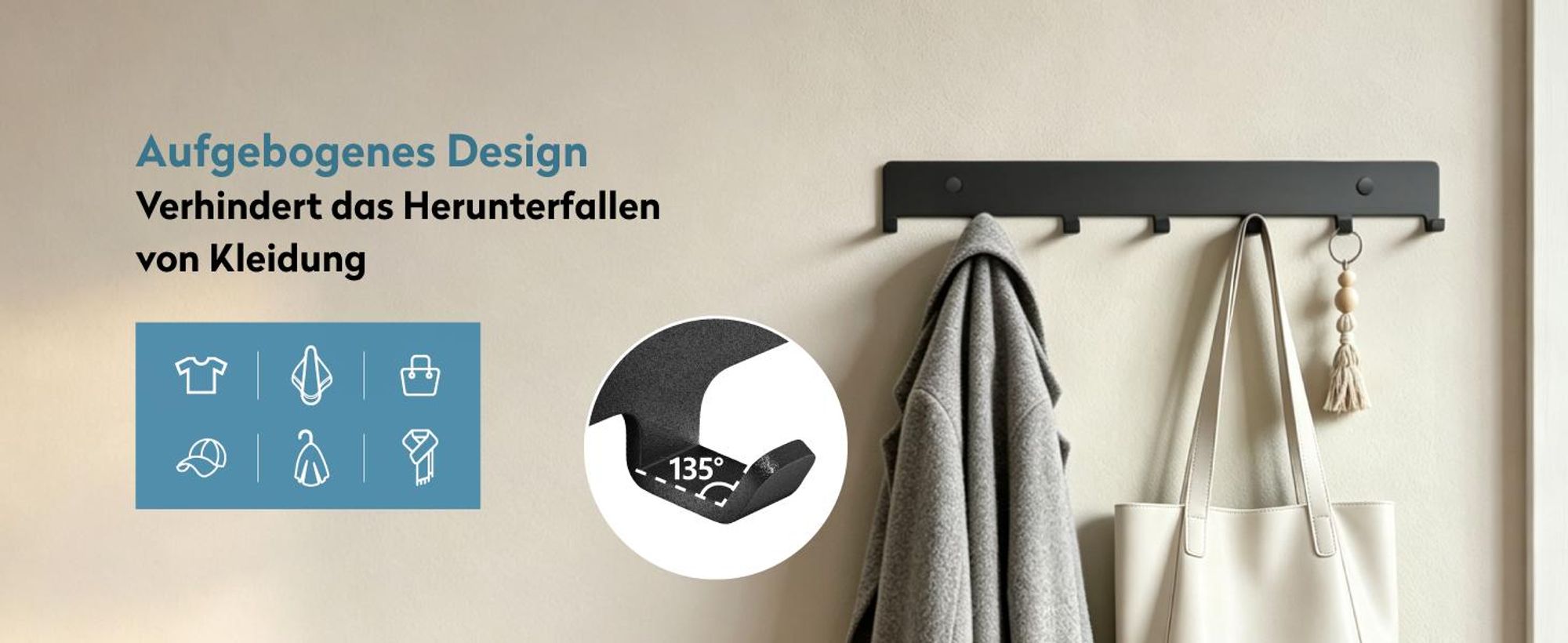 doporro Garderobenleiste mit 7 Haken, Wandgarderobe mit Garderobenhaken, Wandhaken, für Flur, Bad und Küche, Schwarz, Stalo-17