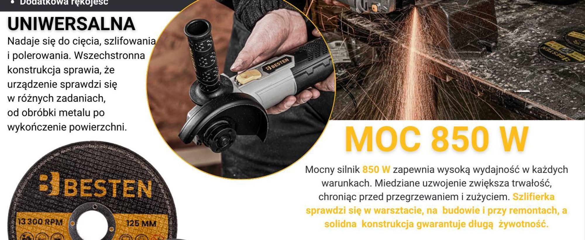 Szlifierka kątowa Diax kątówka 850W 125mm 10x Tarcza w zestawem BESTEN BE0002903