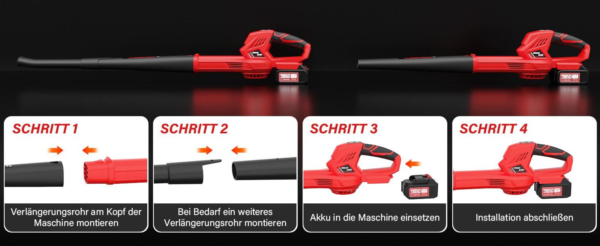 TEENO Akku Laubbläser, 6 Geschwindigkeitsstufen, 2 x 4Ah Akku und Ladegerät, 210 km/h Luftgeschwindigkeit, abnehmbares Blasrohr, geneigte Düse