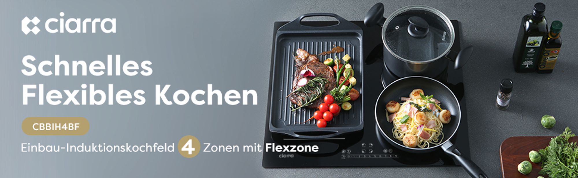 CIARRA Flex-Induktions-Kochfeld 60 cm Kochfelder 4-Zonen Einbau Induktionskochfeld BOOST Flex Zone VM4BFBIH