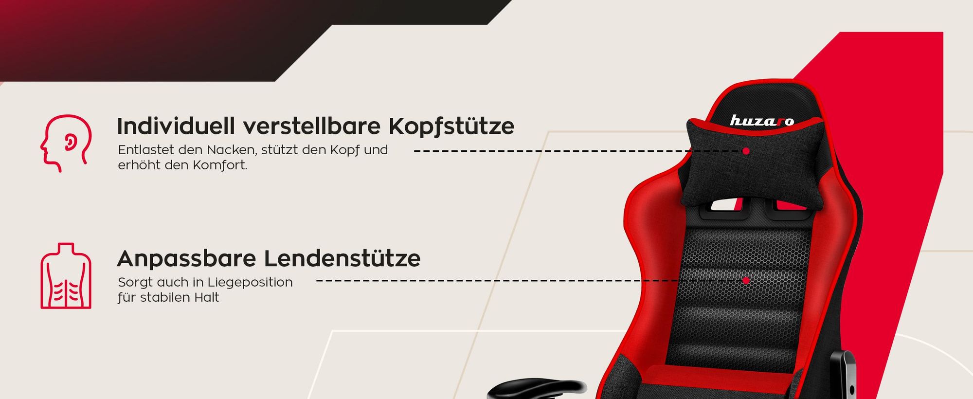 Huzaro Kinder Schreibtischstuhl Ranger 6.0 Gaming Stuhl Racing Sessel Bürostuhl Drehstuhl Gamer bis 130 kg mesh Rot
