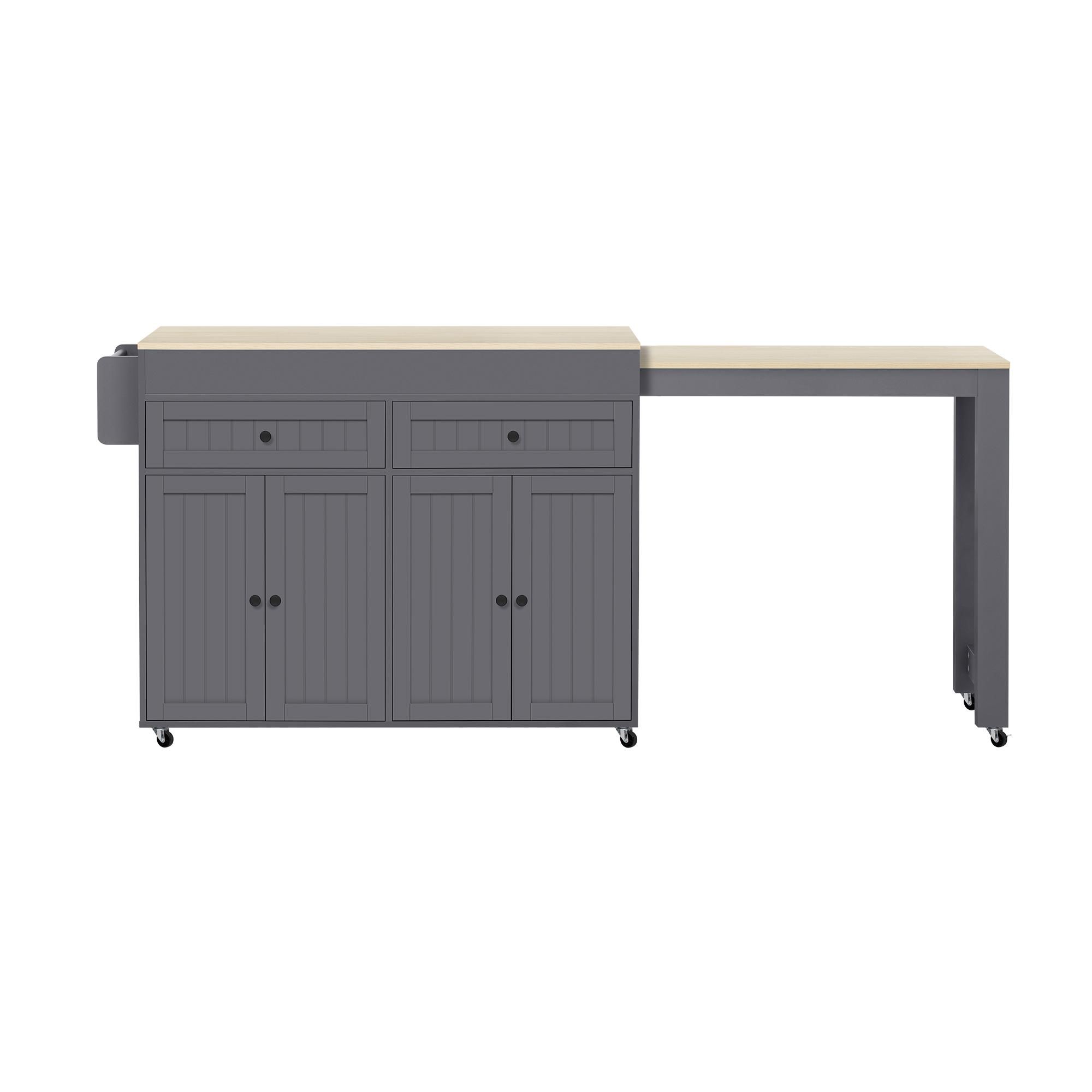 Flieks Servierwagen Kücheninsel mit ausziehbarem Esstisch, Speisewagen mit Schubladen, Staufach und Gewürzregal,  112-180.5x45x92.2 cm, Grau