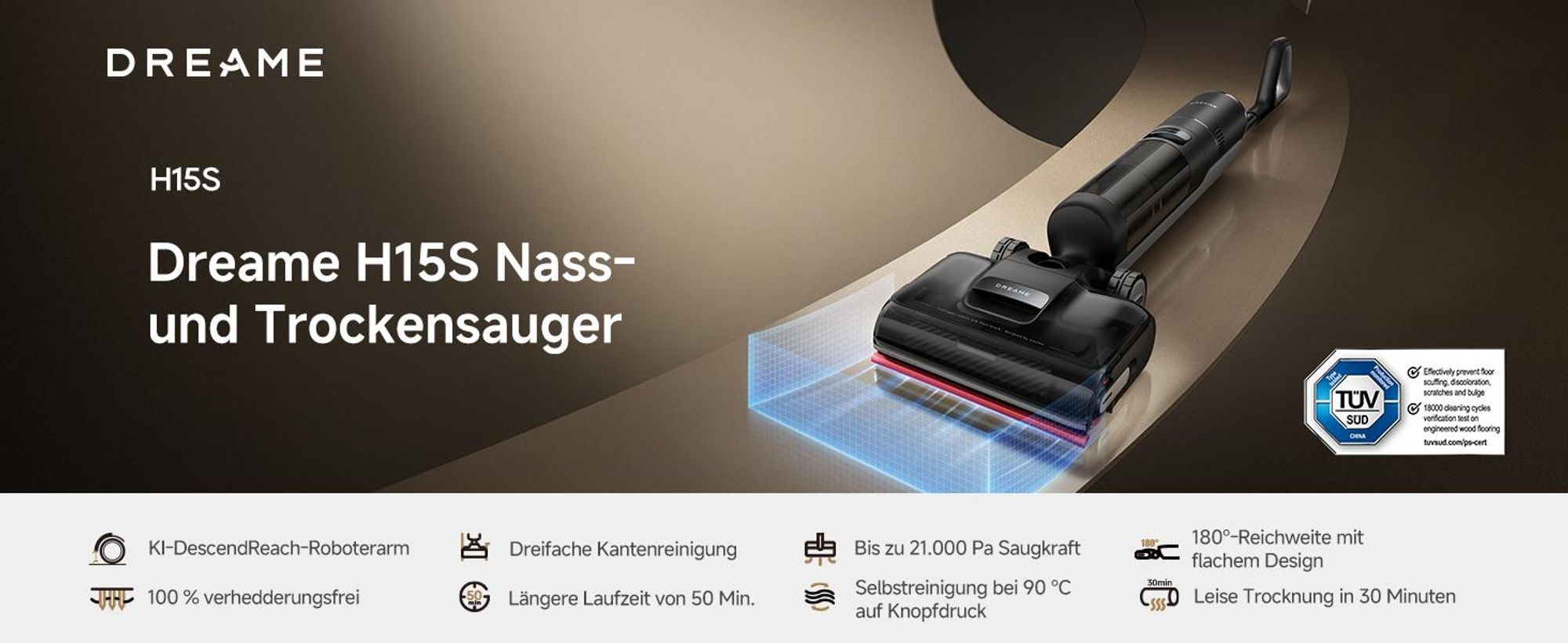 Dreame H15S Nass- und Trockensauger,3-fache Kantenreinigung,KI-Roboterarm,21000Pa Saugkraft,verhedderungsfrei,leise 90°C Trocknung,flaches 180°-Design