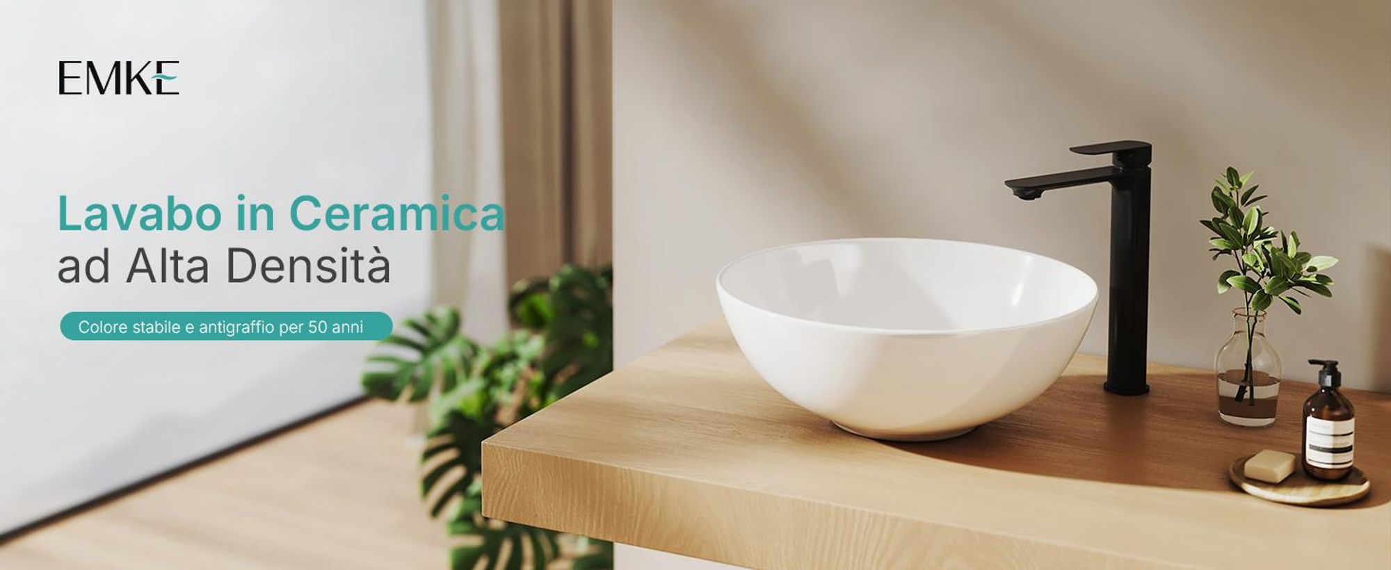 Lavabo da appoggio EMKE rotondo 415x415x155 mm, lavabo in ceramica bianco lucido opaco, senza foro per rubinetto e troppopieno, design ornes per bagni eleganti