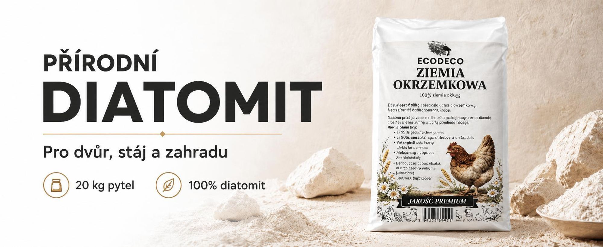 Ecodeco, křemelitá zemina (diatomit), 20 kg, pro slepčí hnízda, stelivo a chov zvířat – minerální materiál, který dobře absorbuje vlhkost, bez zápachu