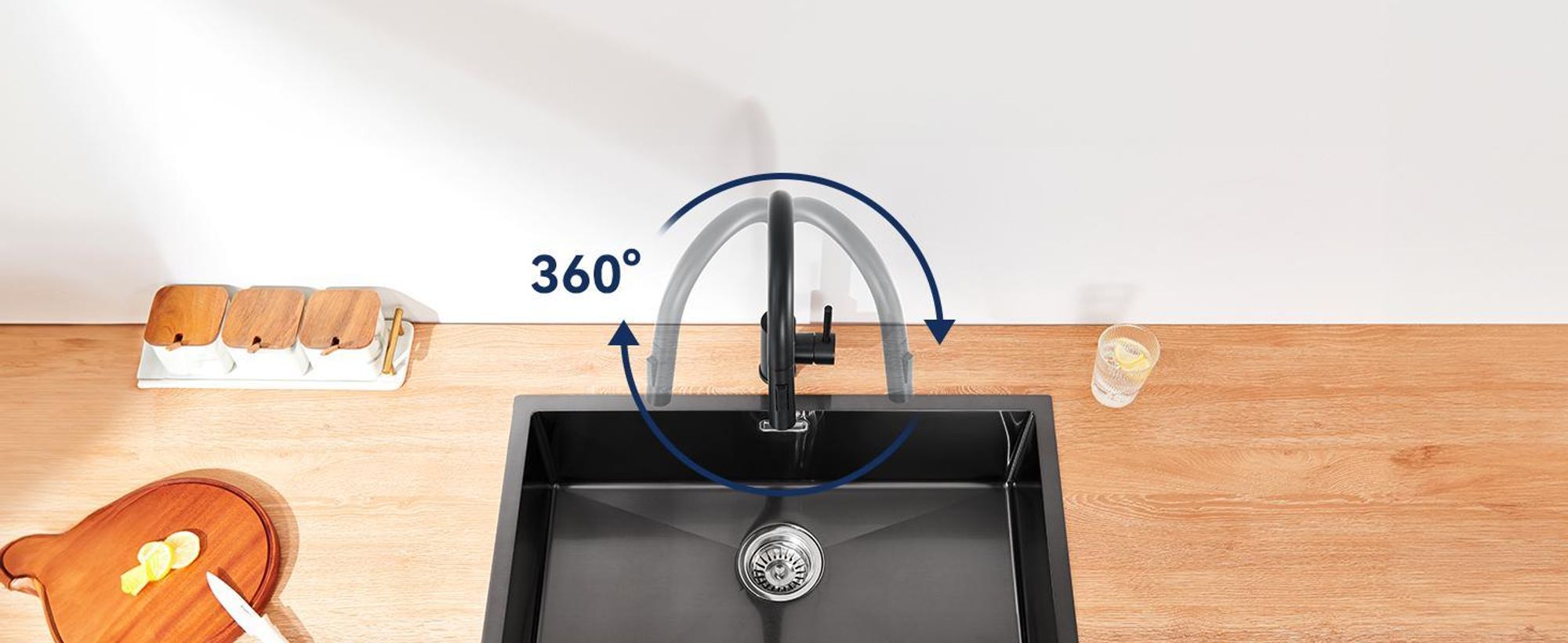 Cecipa Küchenarmatur Schwarz Ausziehbar, Wasserhahn Küche mit Brause, 360° Drehbar Spültischarmatur, L-Form, 304 Edelstahl, Einhandmischer, Schwarz