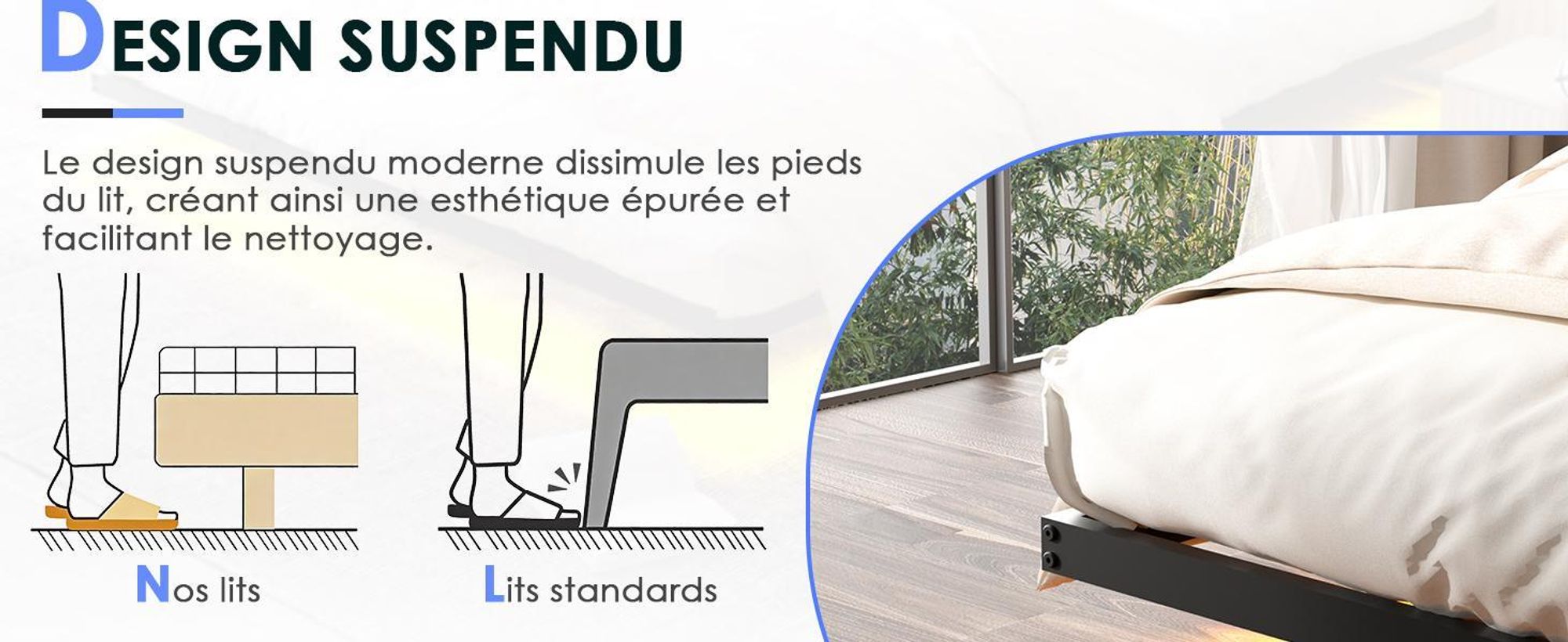 DEWINNER Cadre de Lit 160 x 200 avec Sommier Métal, Lit 2 Personnes Flottant avec Éclairage LED, Sommier en Métal, Structure Stable, Noir sans Matelas