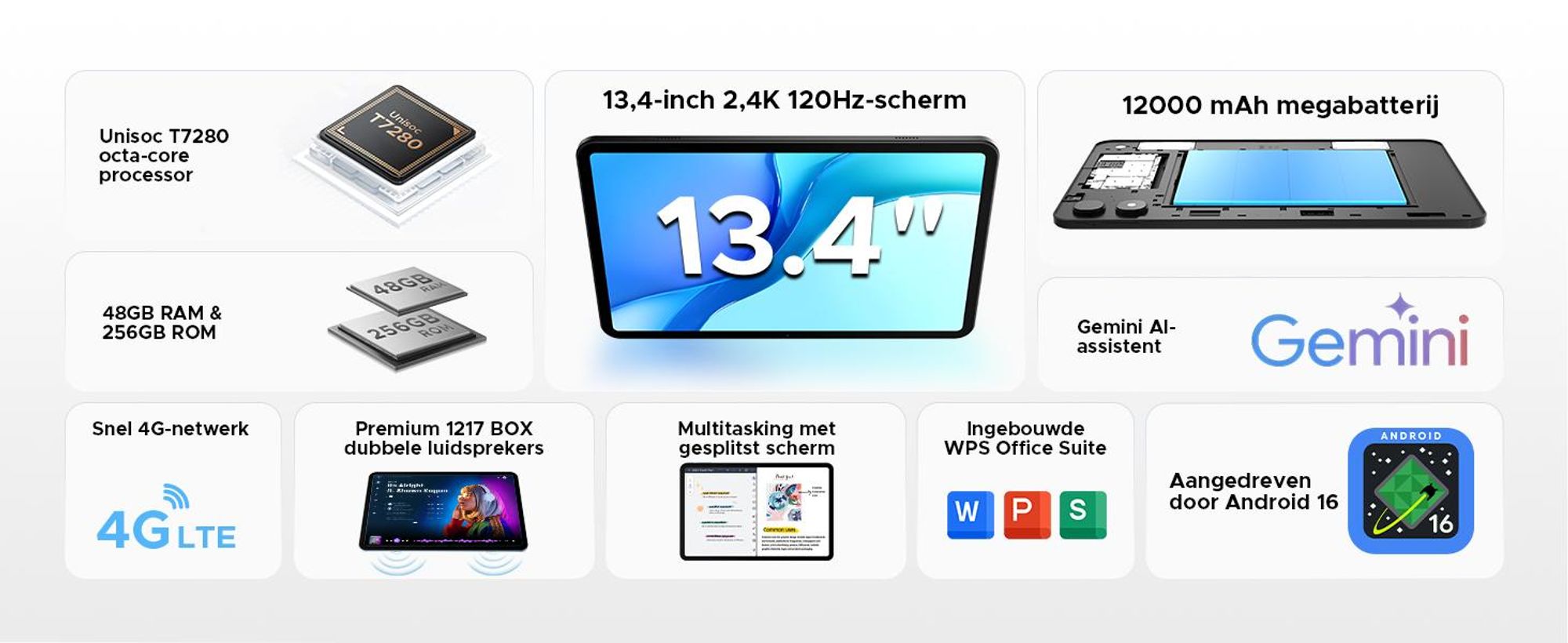 P13 Pro 4G LTE Tablet met dubbele SIM-kaart. Android 16, 13,4" scherm met 2.4K resolutie en 120Hz, 48GB (12+36) RAM + 256GB ROM (uitbreidbaar tot 2TB met TF-kaart), 12000mAh batterij, Widevine L1, Gemini AI – inclusief toetsenbord, muis en stylus