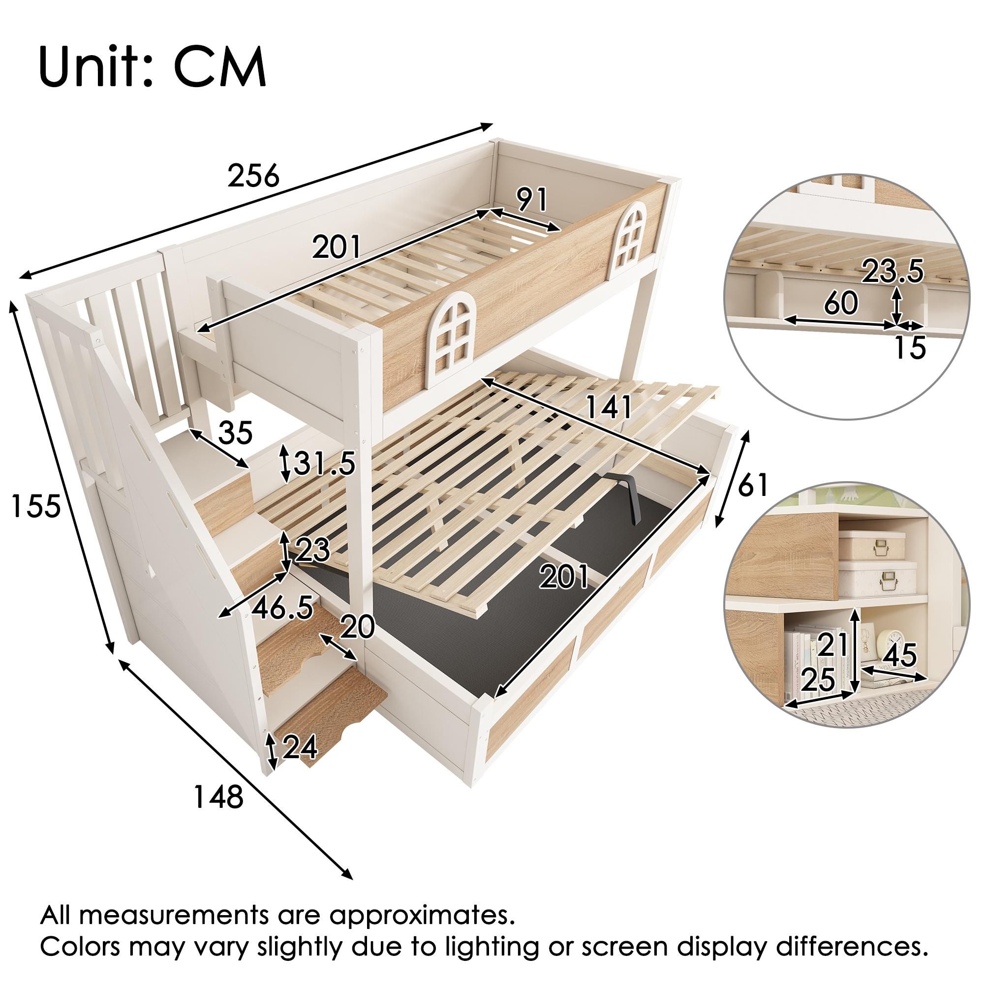 Flieks Etagenbett 90x200cm/140x200cm mit Stauraum, Hydraulisches Kinderbett mit Treppe, Hochbett Hausbett mit Lattenrost, Naturbelassen