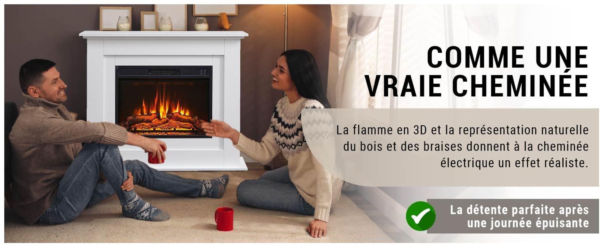 Cheminée électrique sur pied BALDERIA Finn – Puissance de chauffage jusqu'à 2 000 W, blanche