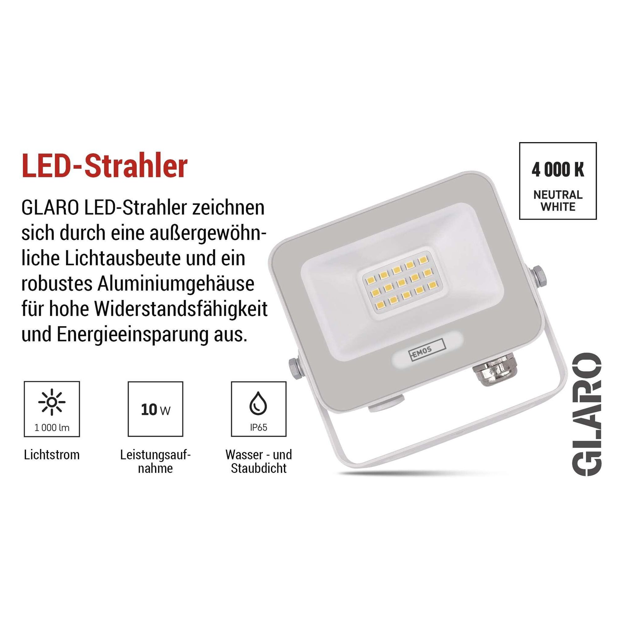 EMOS LED Aluminium-Strahler GLARO 10W, IP65 Wasserdicht für Feuchtraum/Außen, superhell 1000lm, Neutralweiß 4000K, 20cm Gummi-Kabel, Weiß, ZS2214W