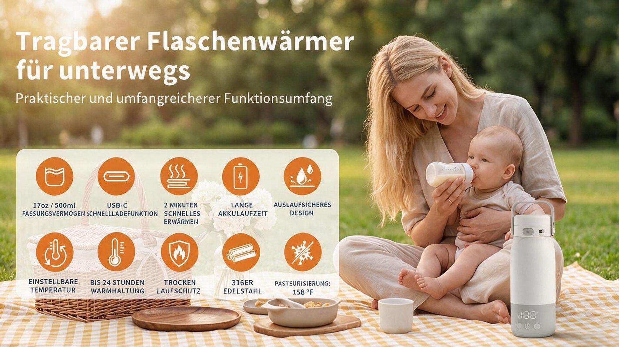 Tragbarer Babyflaschenwärmer für unterwegs, Flaschenwärmmit baby 500 ml 12800 mAh Akku, 2 Minuten bis 37°C, ±1°C LED Display, USB-C, IPX7