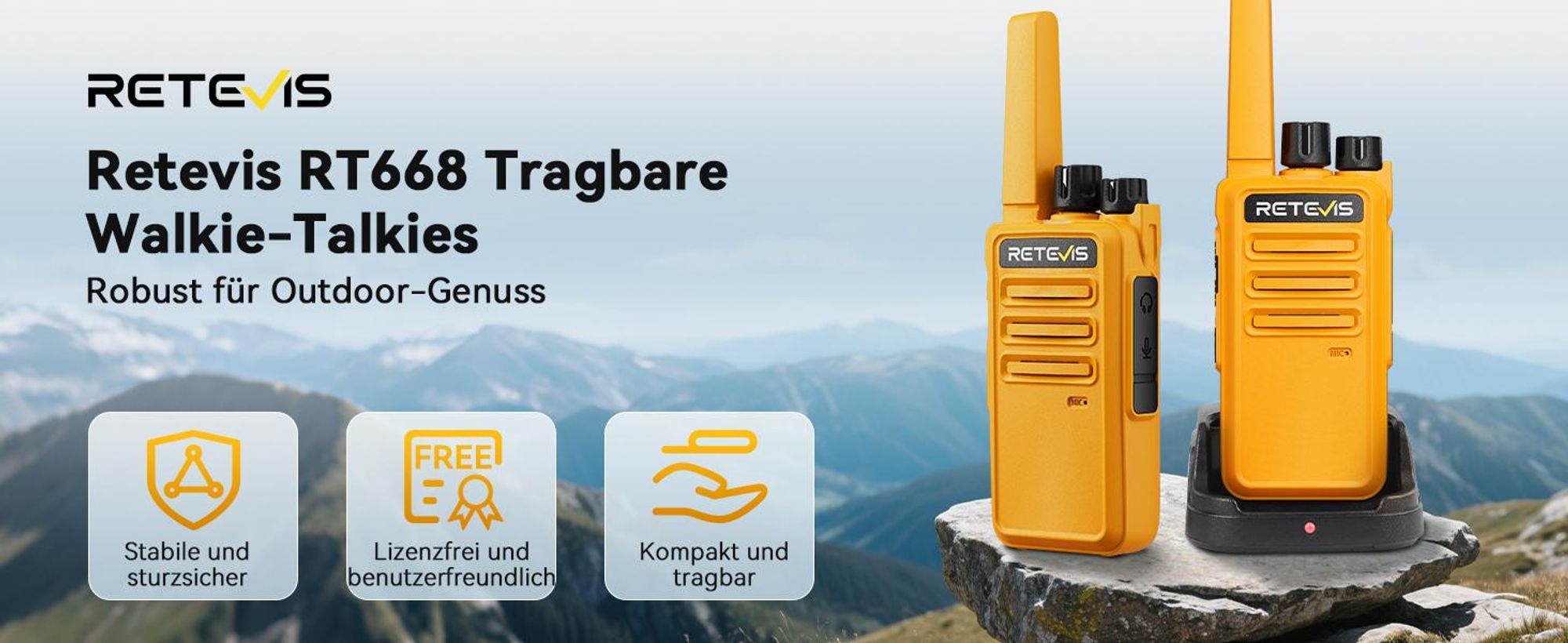 Retevis RT668 Funkgeräte, Lizenzfrei Walkie Talkie, Aufladbar Robust Walkie Talkies mit Headset, 16 Kanäle, VOX, für Freien, Biking, Camping, Wandern