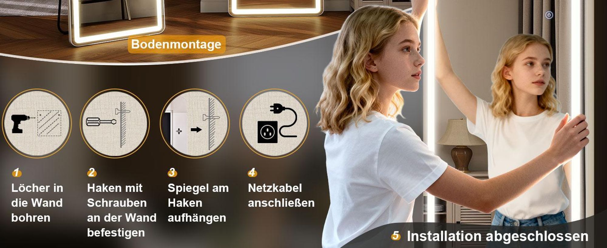 Koonmi LED Ganzkörperspiegel 180 x 66 cm stabiler Rahmen mit Touch, LED Spiegel mit Touchsteuerung, 3 Lichtfarben und beschlaghemmender