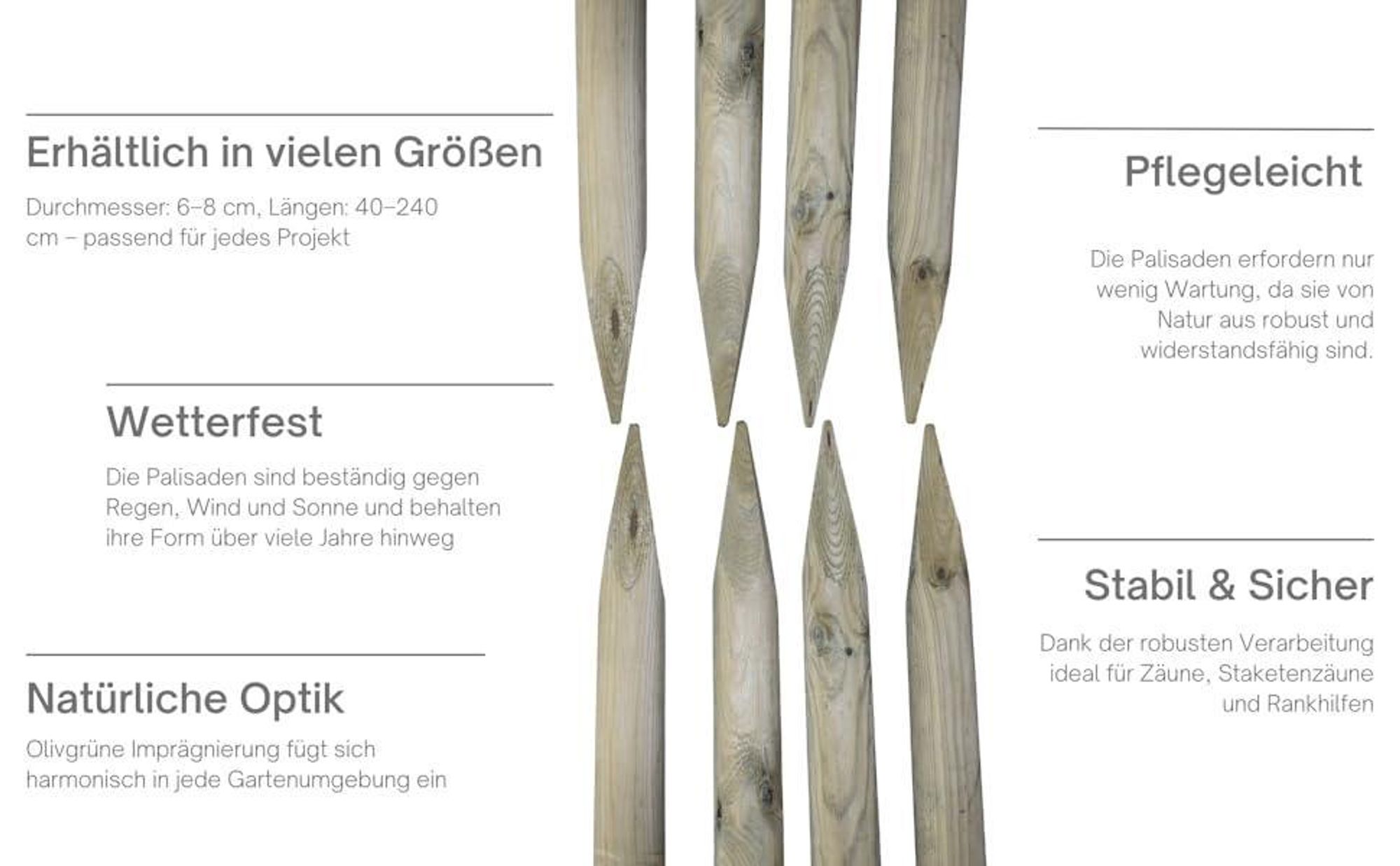 TIMBERMIK ⌀ 6cm 4-Pack Spitze Holzpalisaden Länge: 220 cm Imprägniert Olivgrün Holzpfähle Garten Palisade Holz Baumpfahl Zaunpfosten