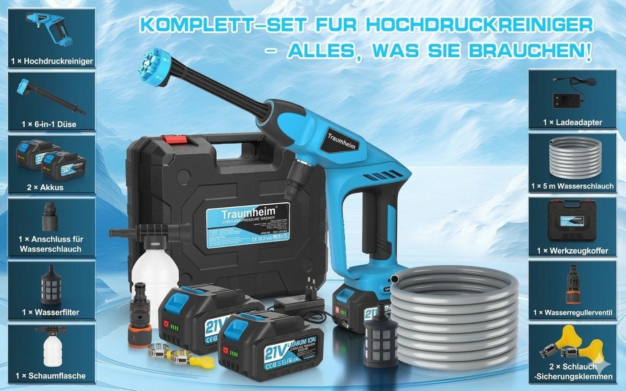 Akku Hochdruckreiniger, 65 Bar / 928 PSI, inkl 2x 21V 4000mAh Akkus, 6-in-1 Multi-Sprühdüse 5M Schlauch für Auto, Terrasse, Garten, Zaun, Pool