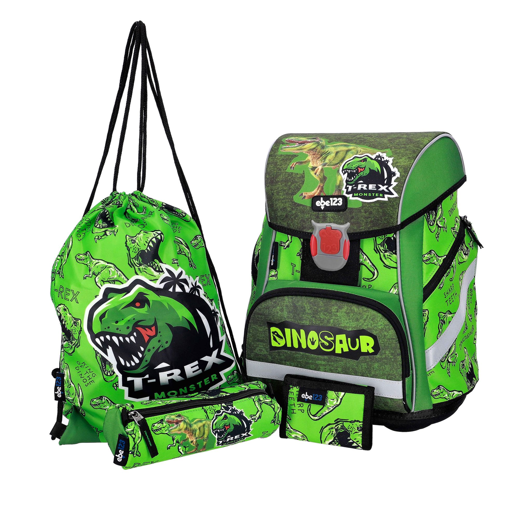 SCOOLSTAR Dino Dinosaurier Schulranzen Junge 1 Klasse Tornister | LED Licht | SET 4 tlg. für Grundschule | inkl. Federmäppchen Turnbeutel Stifteetui
