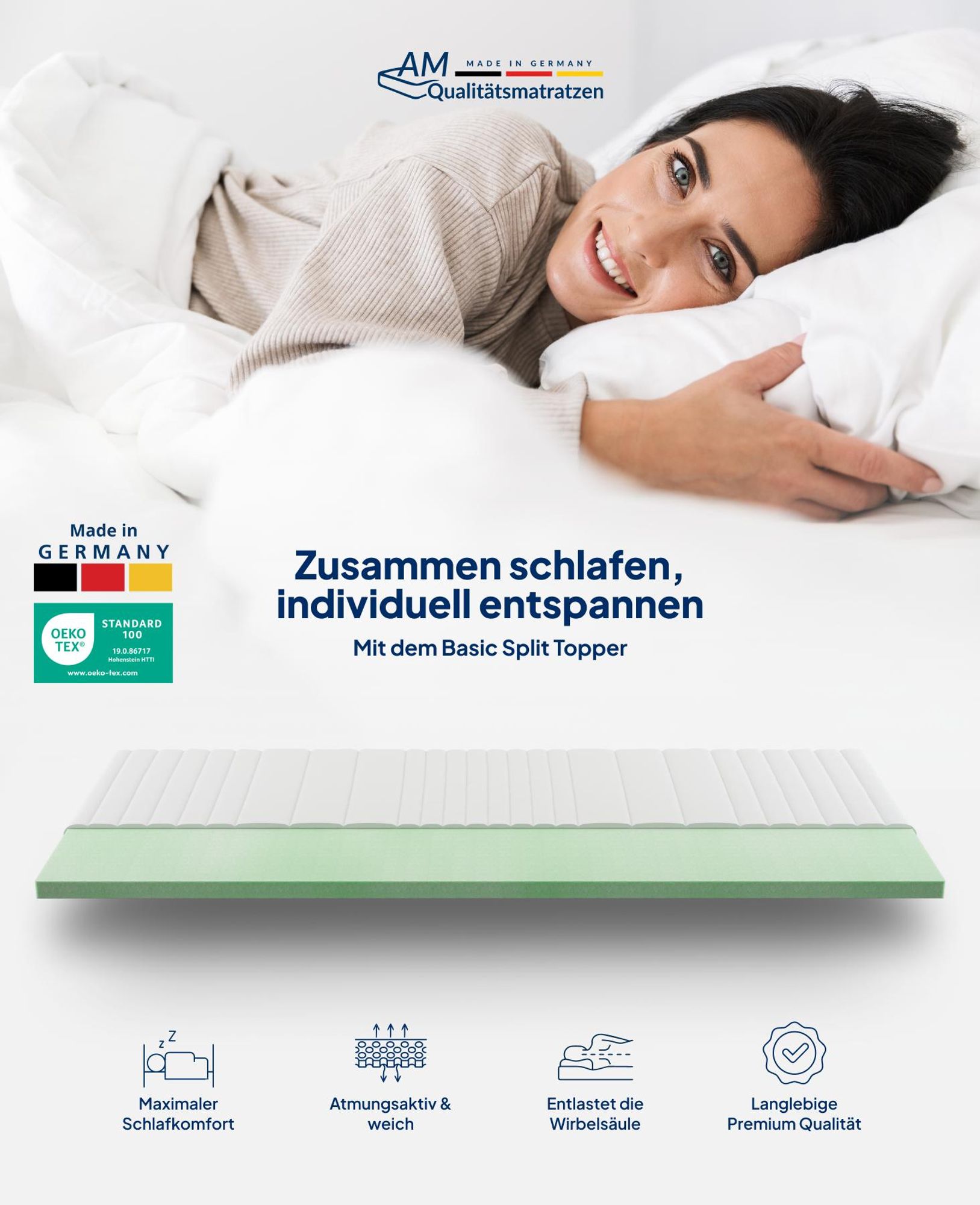 AM Qualitätsmatratzen | Split Topper Komfortschaum | 160x200 cm | 6 cm Höhe | Matratzentopper | 160/200 | Komfortschaum Topper