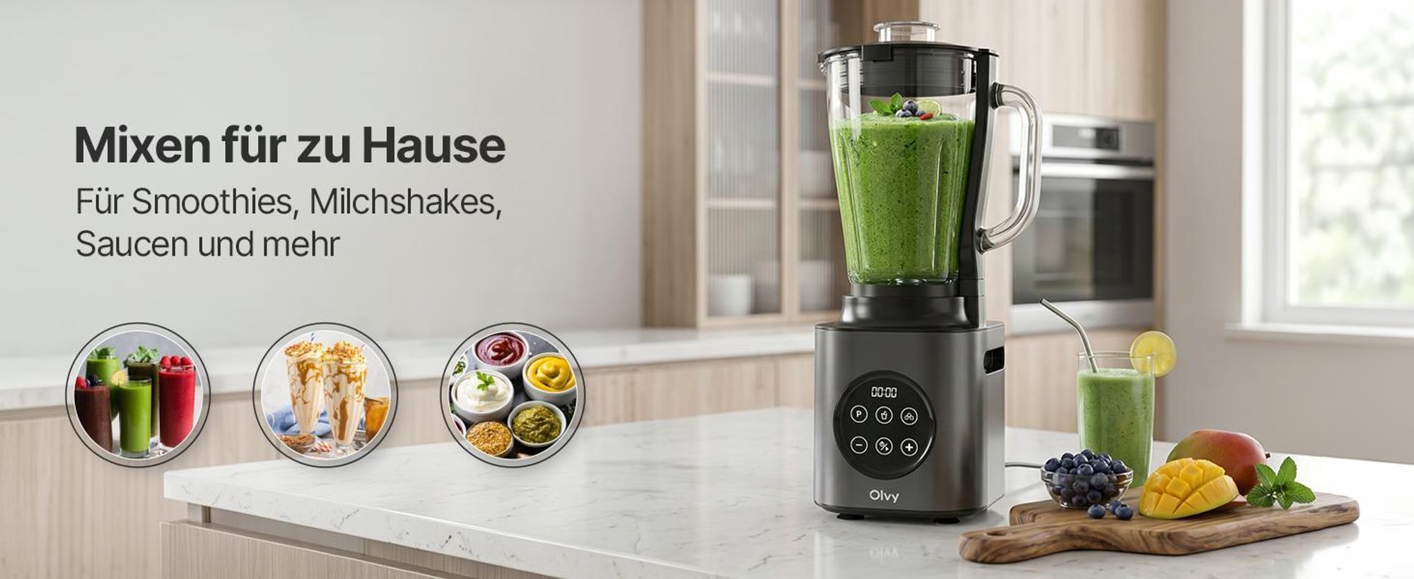 Olvy Standmixer 1000W mit 1,5L Glasbehälter & 600ml Tritan-Becher, 9 Stufen, Pulse, Ice-Crusher, Smoothie- & Milchshake-Funktion