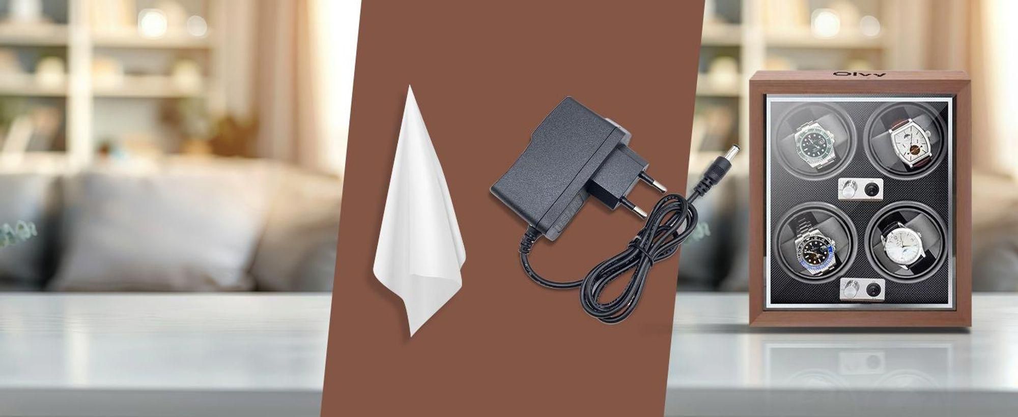 Olvy horlogewinder voor 4 horloges, met LED-verlichting, horlogewindervak van hout, met een extreem stille Mabuchi-motor, flexibele horlogebakken, horlogewinder