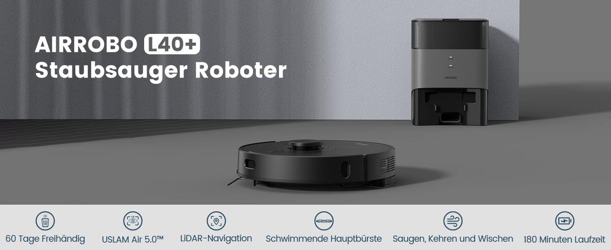 AIRROBO Nass-Trocken-Saugroboter L40 Plus Sauger und Wisch Staubsauger mit Wischfunktion Absaugstation, 5500Pa, 180min, 200m², 60 Tage freihändig