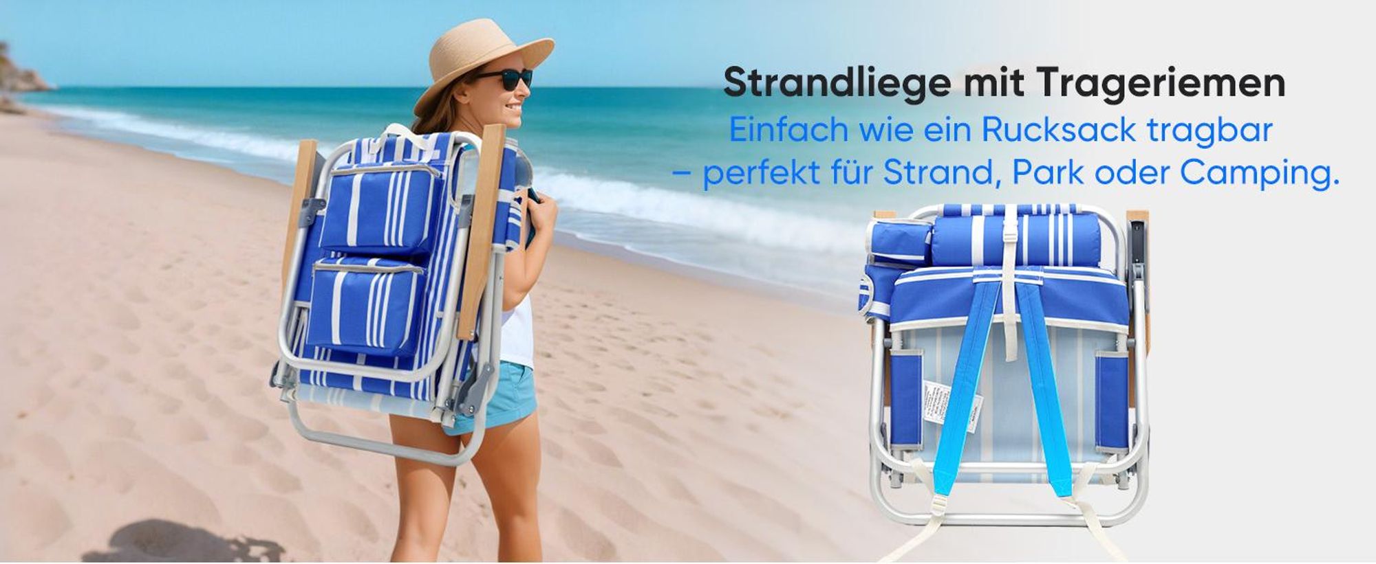 Sekey Strandstuhl Sonnenliege verstellbar Campingstuhl tragbarer Klappstuhl Strandstuhl mit 2 Kühltaschen, Blau