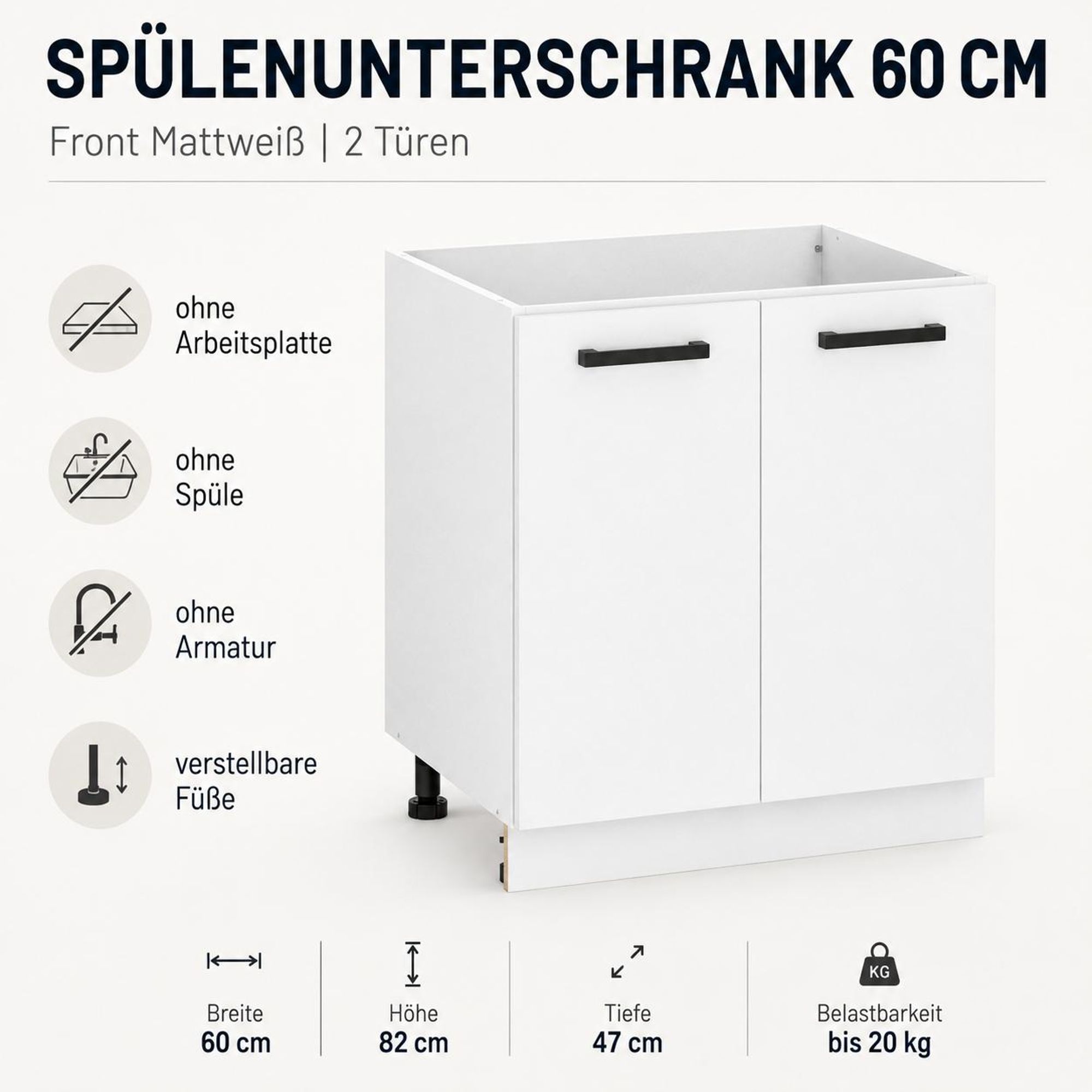 Spülenunterschrank 60 cm Anthrazit: 2 Türen, weißer Korpus & verstellbare Füße.