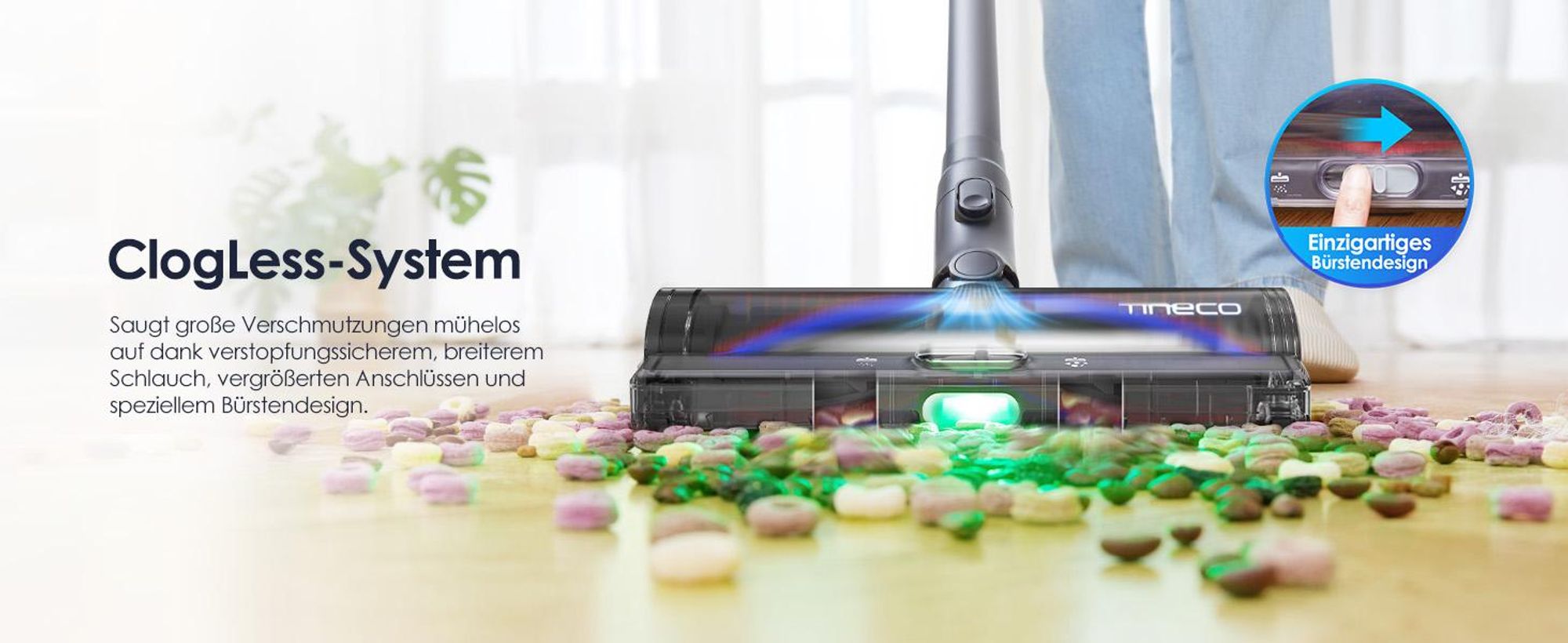 Tineco PURE ONE S50 Kabelloser Akku Staubsauger, 150AW Saugleistung, bis zu 95 Min. ZeroTangle-Bürste, LED, Entfernt Mühelos Großschmutz & Tierhaare