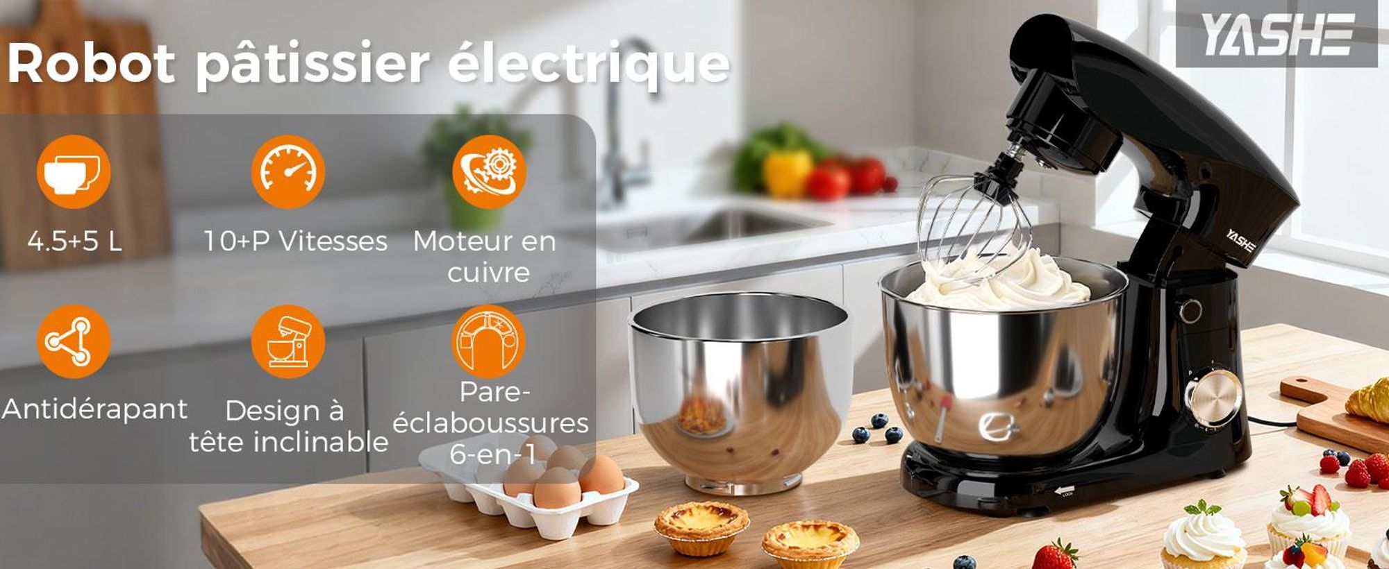 Robot pâtissier YASHE 1500 W, bols 4,5 L et 5 L, 10 vitesses