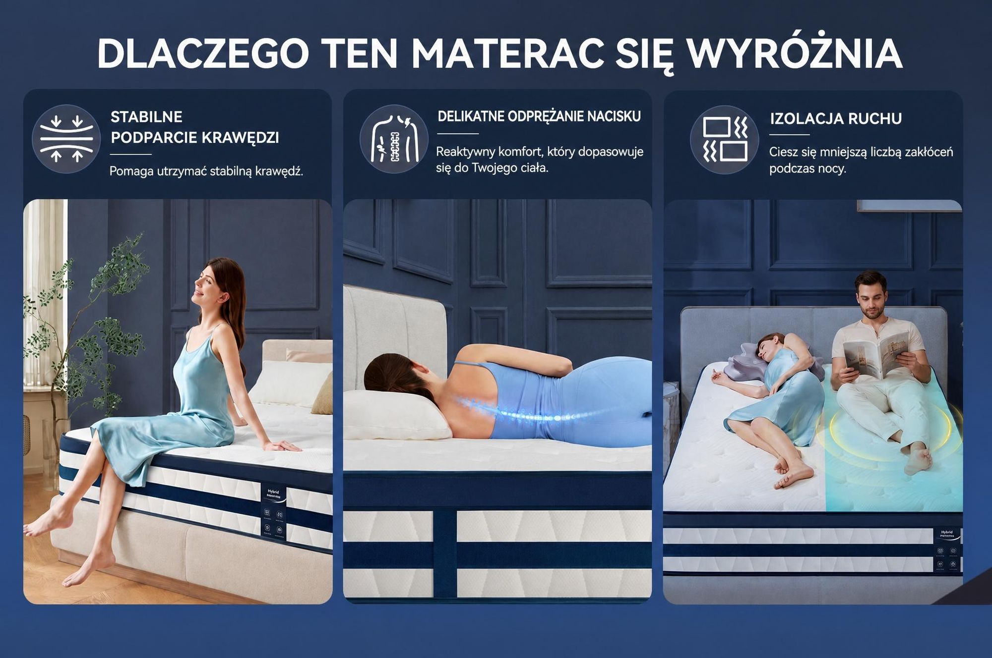 Materac 90x200 26 cm z zintegrowanym topperem, 7-strefowy materac kieszeniowy, twardość H3/H4