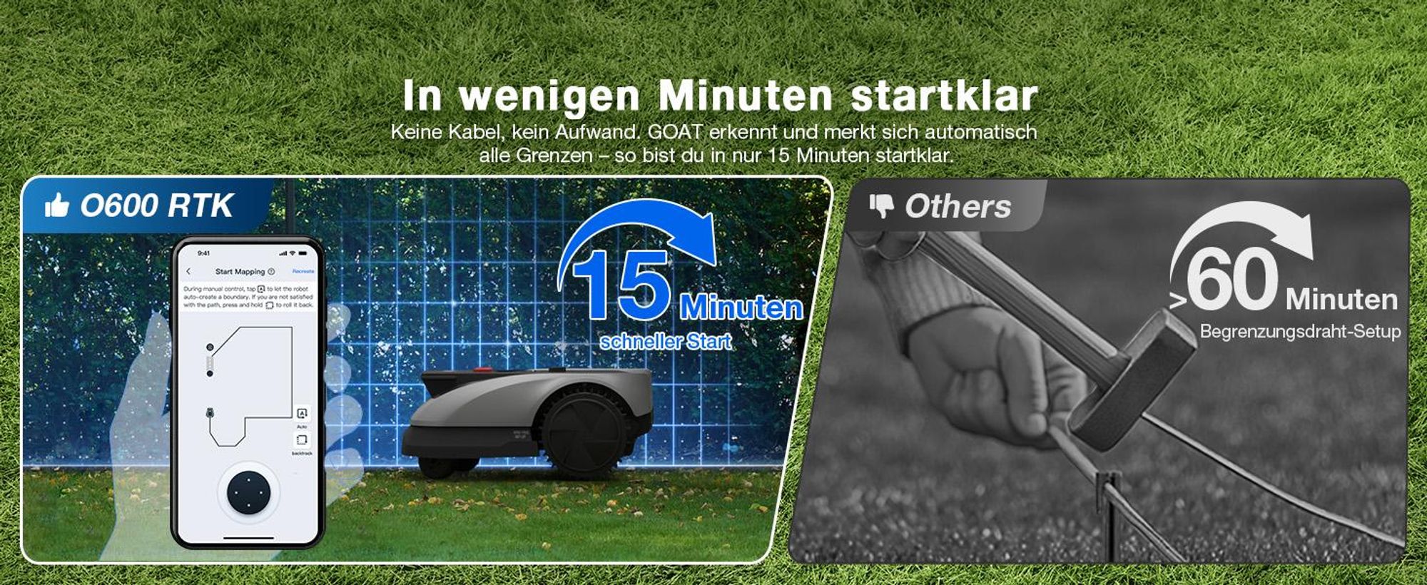 ECOVACS Mähroboter Goat O600 Ohne Begrenzungskabel, 600 m², RTK+Vision Navigation, Rasenmähroboter, KI-Hindernisvermeidung, passiert 0,7m Engstellen