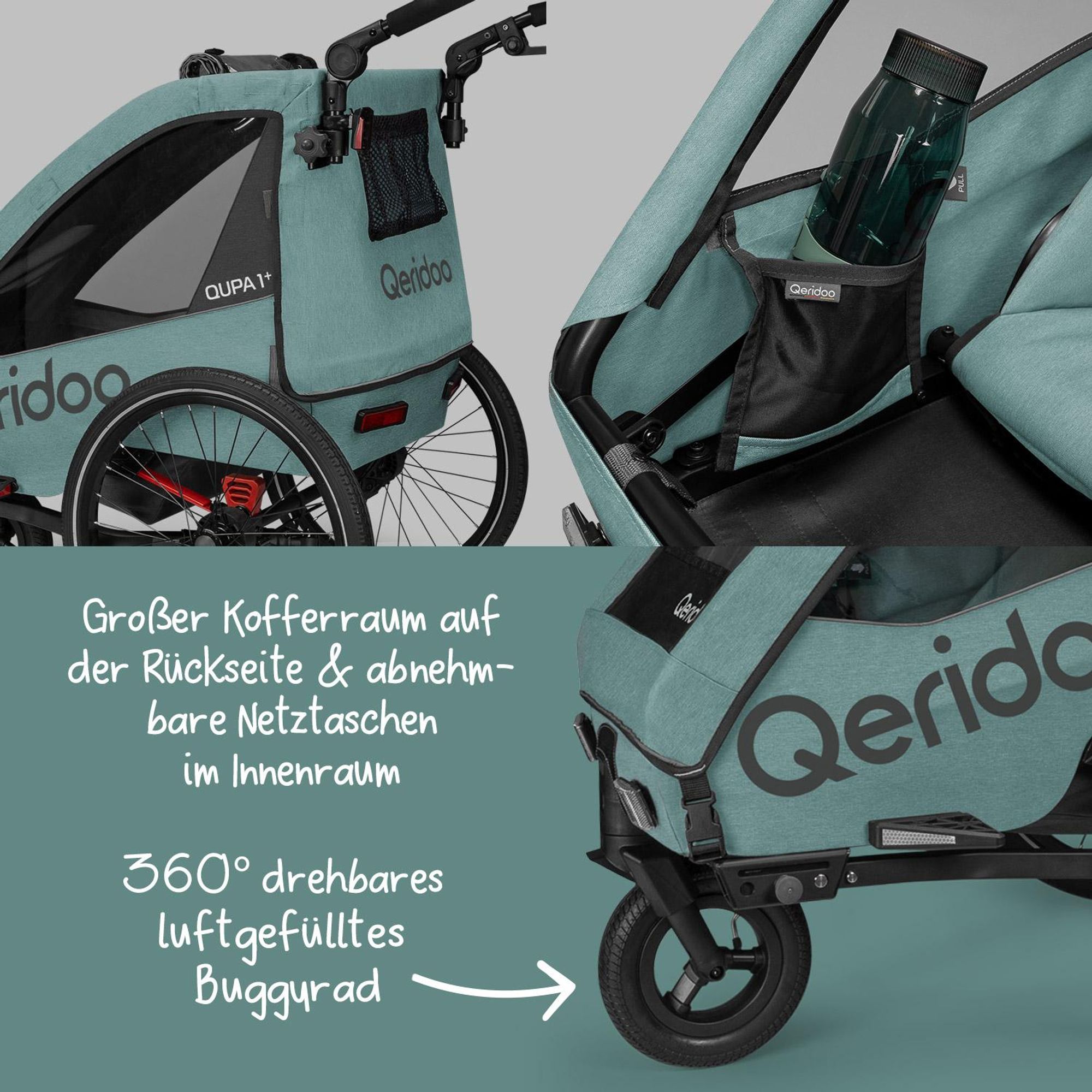 Qeridoo QUPA Plus 1 - Kinderfahrradanhänger für 1 Kind, Farbe: Mineral Blue