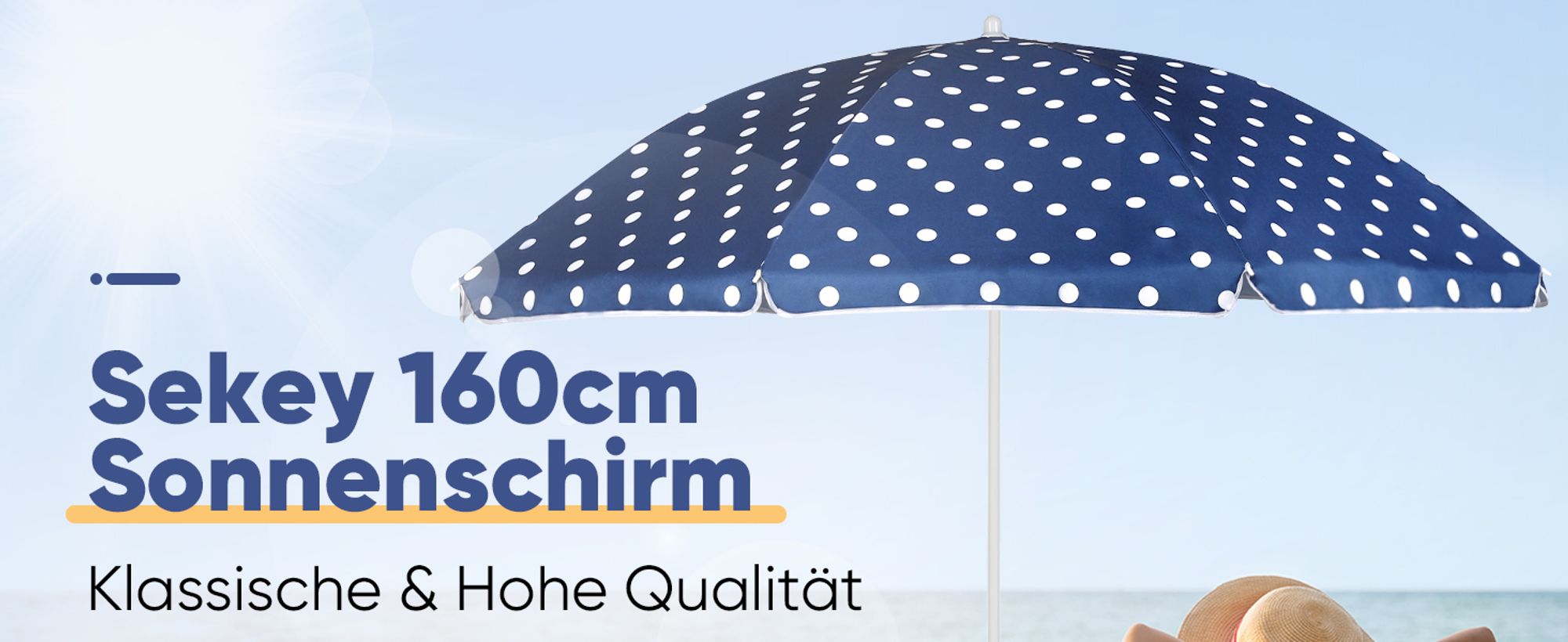 Sekey Sonnenschirm Rund Ø 160 cm Terrassen Gartenschirm Strandschirm mit kurbel & Schutzhülle Neigungswinkel und Höhe verstellbar, Blau-weiß gepunktet