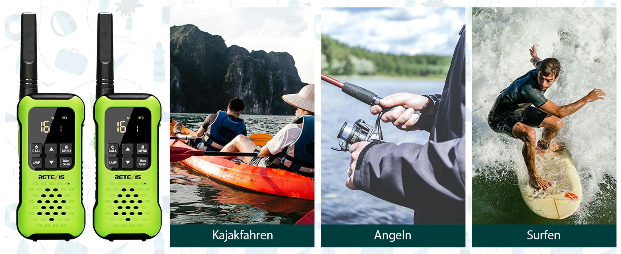 Retevis RT649P Walkie Talkie, Schweben Wasserdichter IP67 Funkgerät, PMR 446 Lizenzfrei, 16 Kanäle,SOS-Alarm,LED-Fackel, Walkie Talkie mit Akku für Erwachsene Skifahren Surfen (2er)