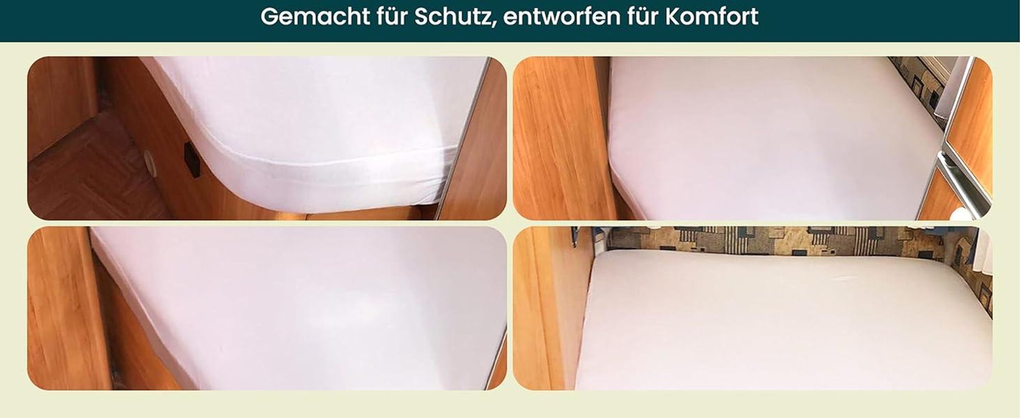 Praktische Fotos, die das Spannbettlaken auf einer Queen-Size-Wohnmobilmatratze zeigen.