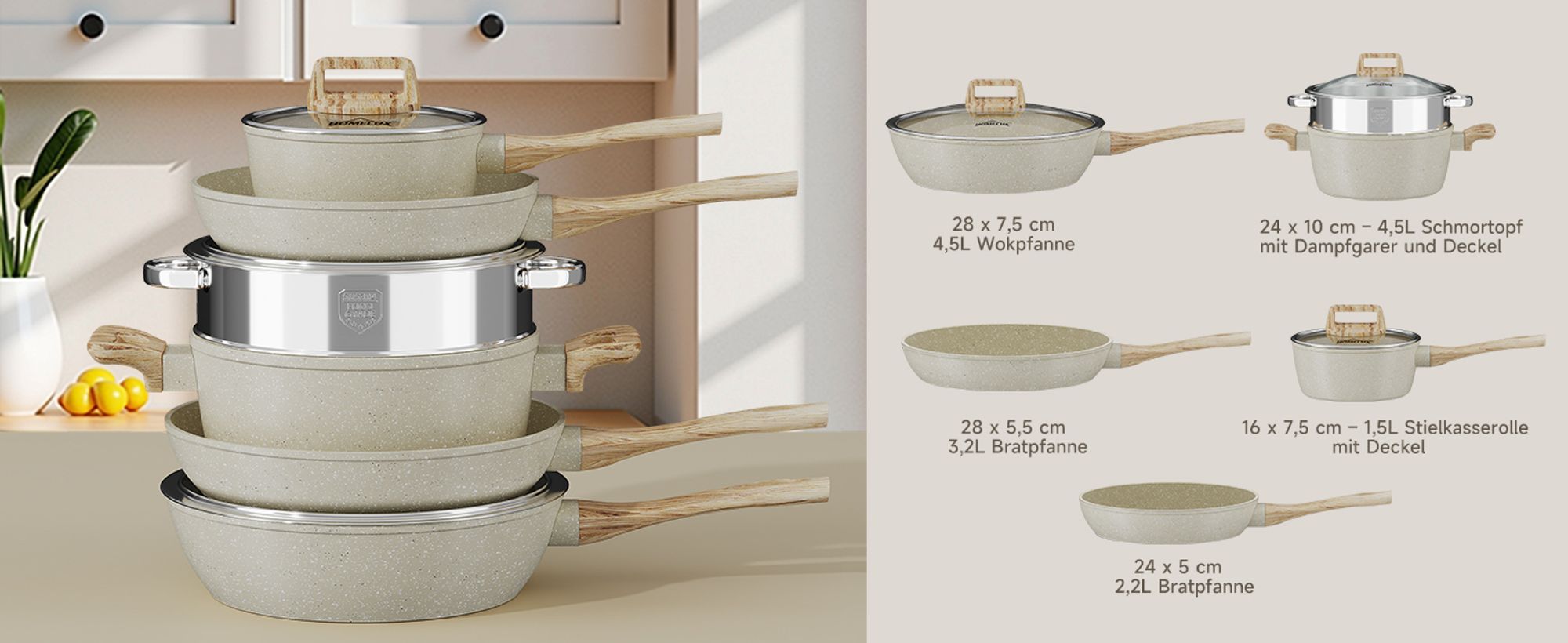 Topfsets, 12-teilige Kochtopfset Antihaft-beschichtete, Aluminium Topfset Induktion Induktionstöpfe mit Deckel, ,Töpfe & pfannen, Beige