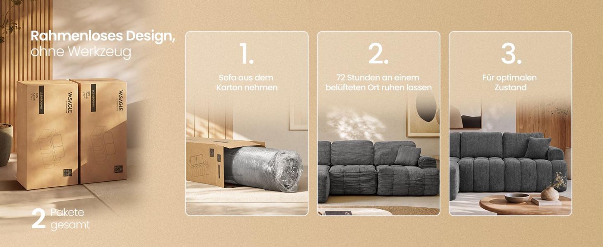 VASAGLE Modulares Sofa und Hocker Set, Chenille, Grau