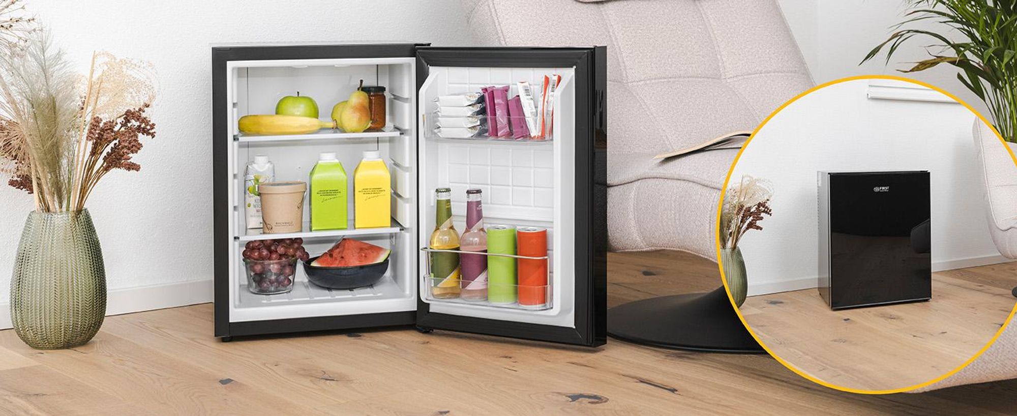 TZS First Austria - Mini Kühlschrank 40L lautlos & - Kleiner Minikühlschrank wechselbarer Türanschlag & Innenbeleuchtung - Minibar für Camping, Büro, Schlafzimmer & Hotel - Glasfront