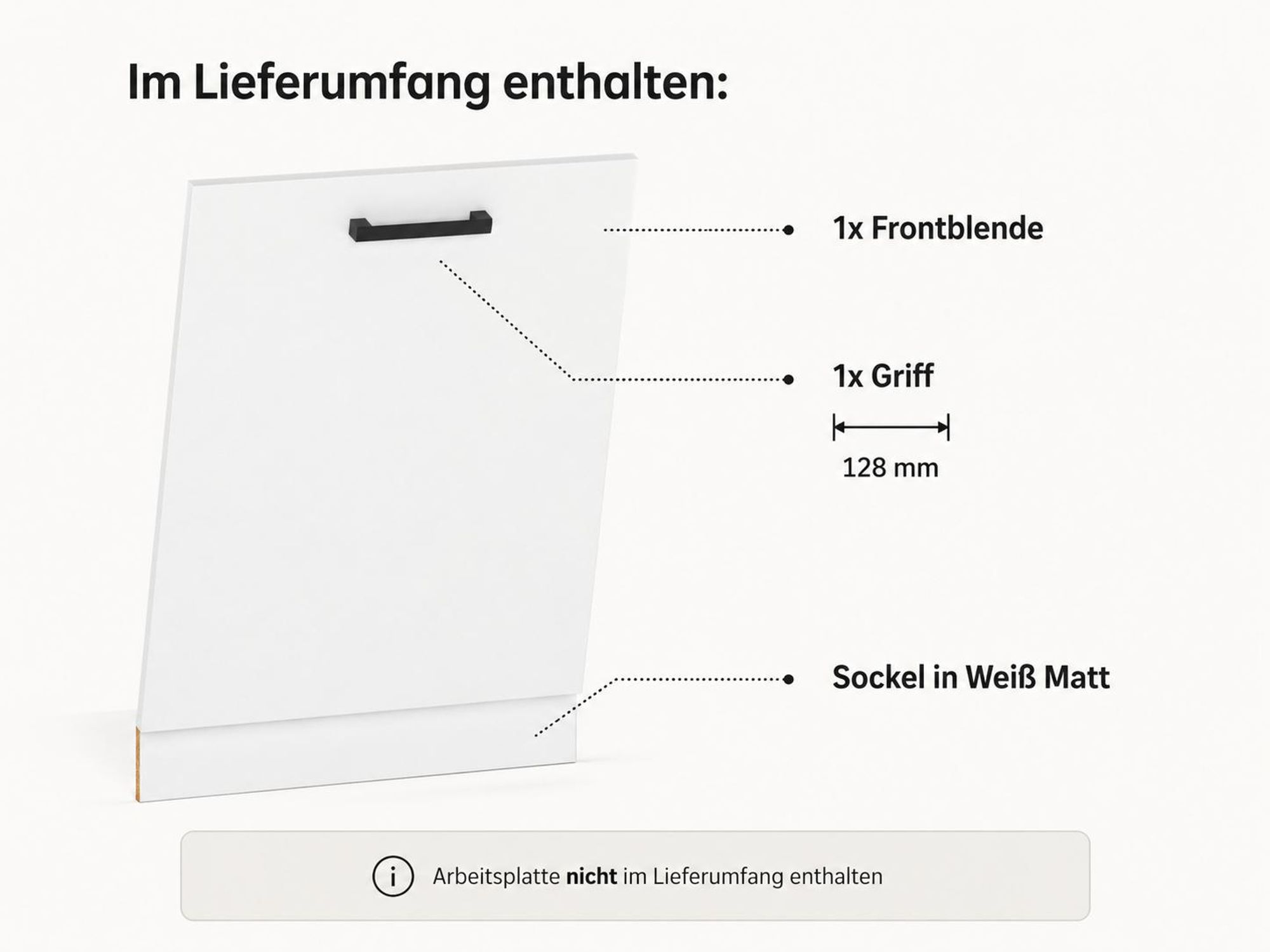 Lieferumfang: Frontblende Weiß Matt, Sockel und schwarzer Griff.