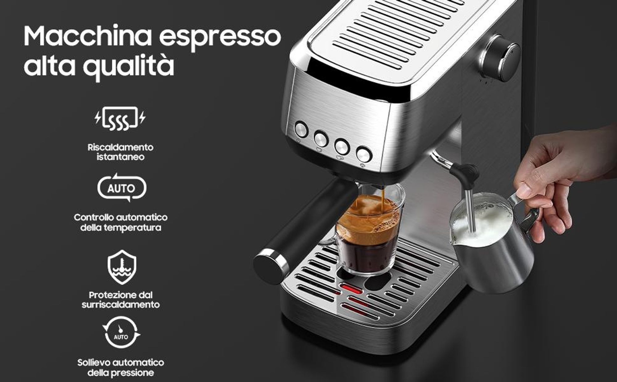 Macchina per caffè espresso a 20 bar – macchina da caffè in acciaio inox con montalatte, 1350 W, serbatoio da 1,3 L, per espresso, cappuccino e latte