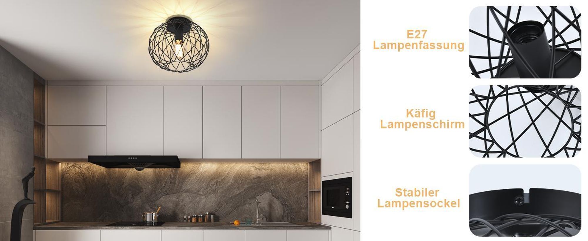 Lampe de plafond ZMH à 1 ampoule, lampe de salle à manger Ø 25 cm, plafonnier de couloir E27, style industriel, cage métallique, grille rétro, pour salon, cuisine, chambre à coucher, noir