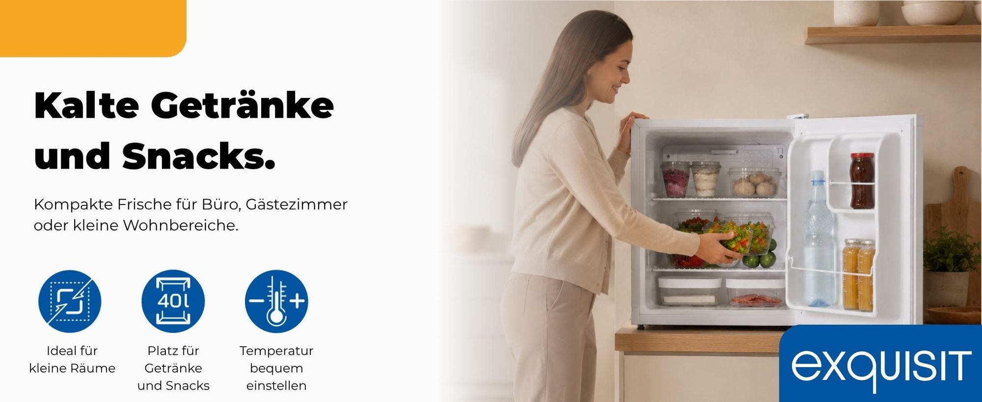 Exquisit Mini-Kühlschrank, Kühlschrank ohne Gefrierfach, 40 Liter, 45 cm Breite, 51 cm Höhe, Türanschlag wechselbar, KB505-V-040E weiss