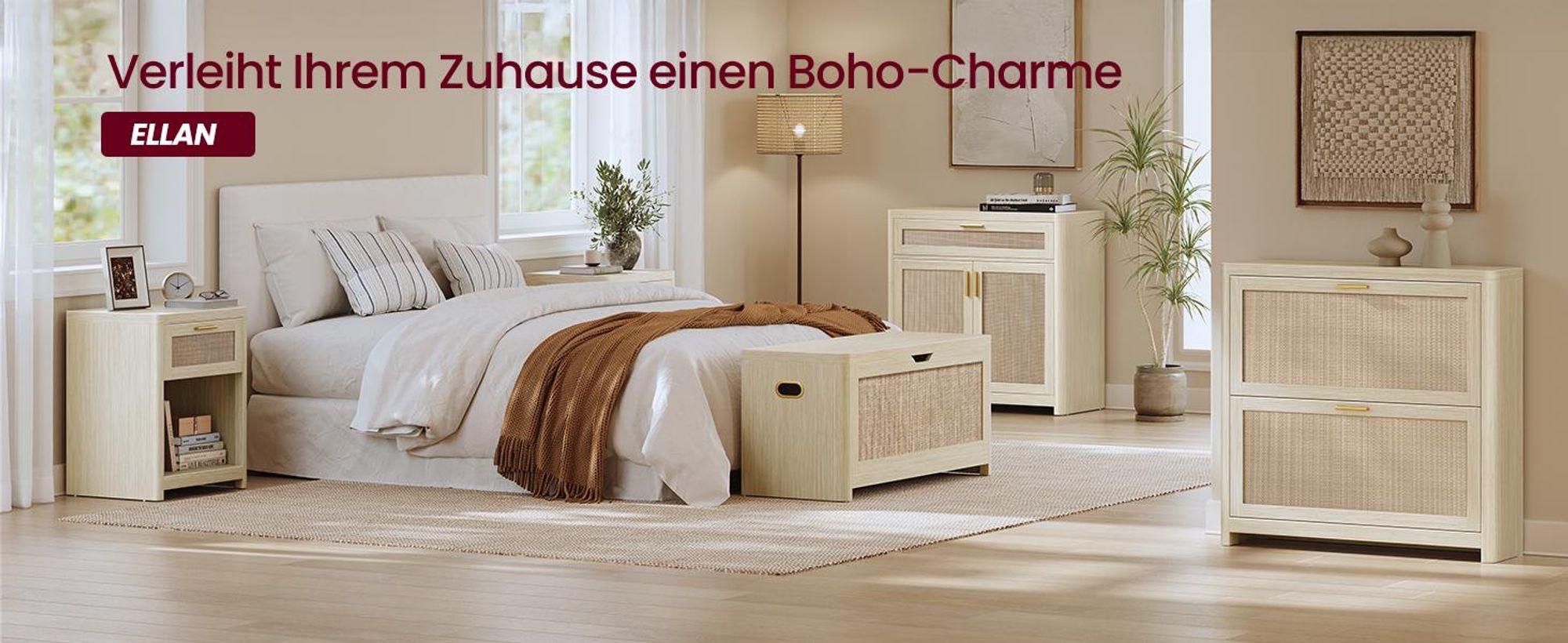 VASAGLE Nachttisch, 2er Set, Boho-Stil, Beistelltisch, mit Schublade in Rattan-Optik, beige
